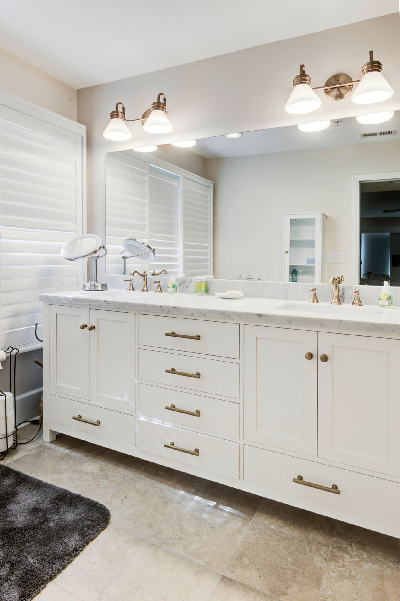 Bathroom Remodel in Bethany Lakes, Bethany Beach DE with White Vanity, Tub, Arpell Azul Mosaic Wall Tiles, Snape Gloss Tiles