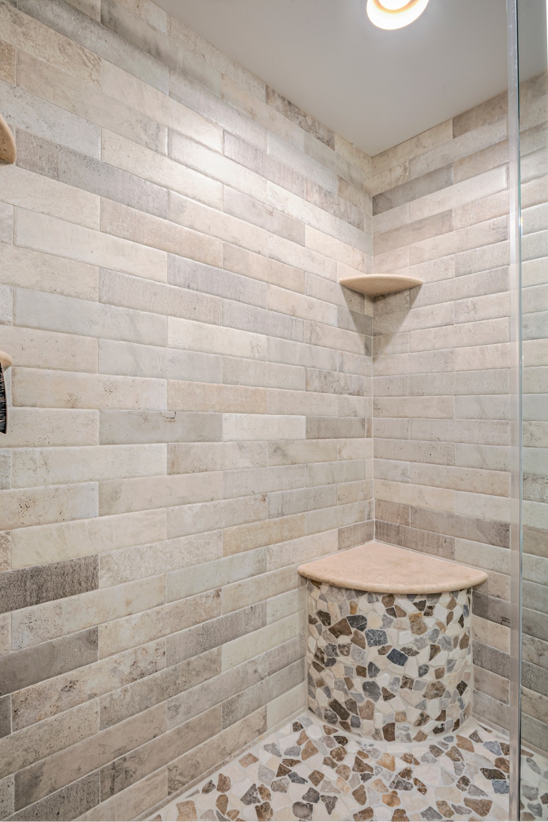 Burton Farm Road Bathroom Remodel in Frankford DE - Shower Tiles and Corner Bench Seat