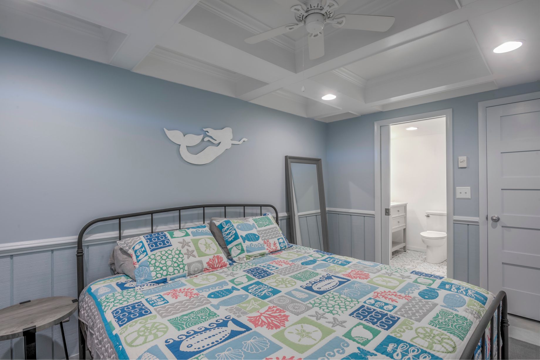Renovation in Campbell Place, Bethany Beach DE - Bedroom with Custom White Ceiling and Recessed Can Lights