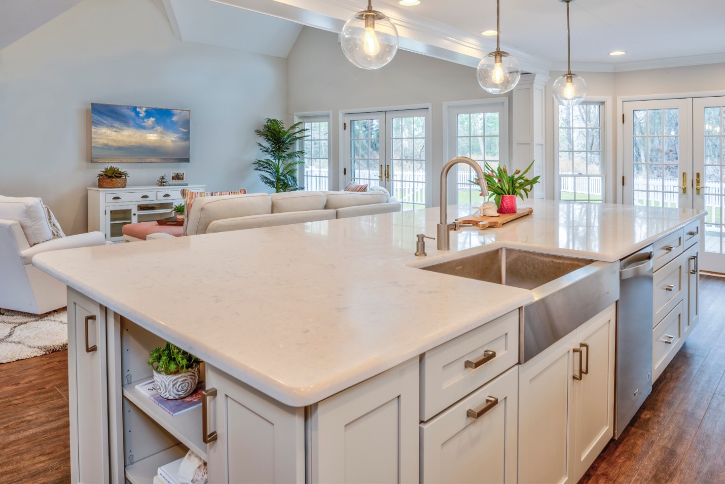 Canal Way Kitchen Remodel in Bethany Beach DE with Center Island with Brushed Stainless Steel Farm Sink and Dishwasher