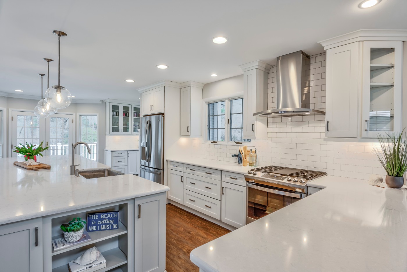 Canal Way Kitchen Remodel in Bethany Beach DE with White Countertop and Recessed Can Lights