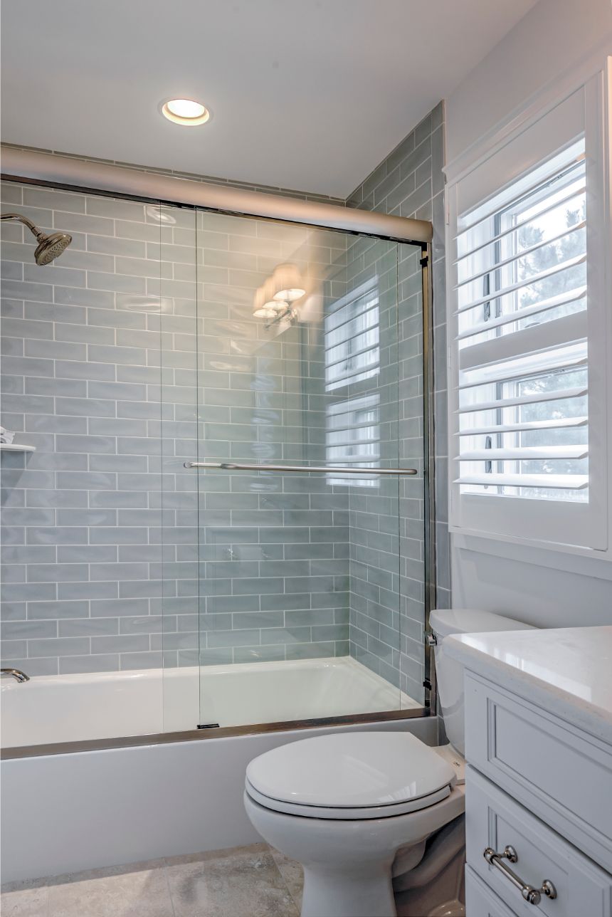 Guest Bathroom with Light Gray Subway Shower Wall Tiles