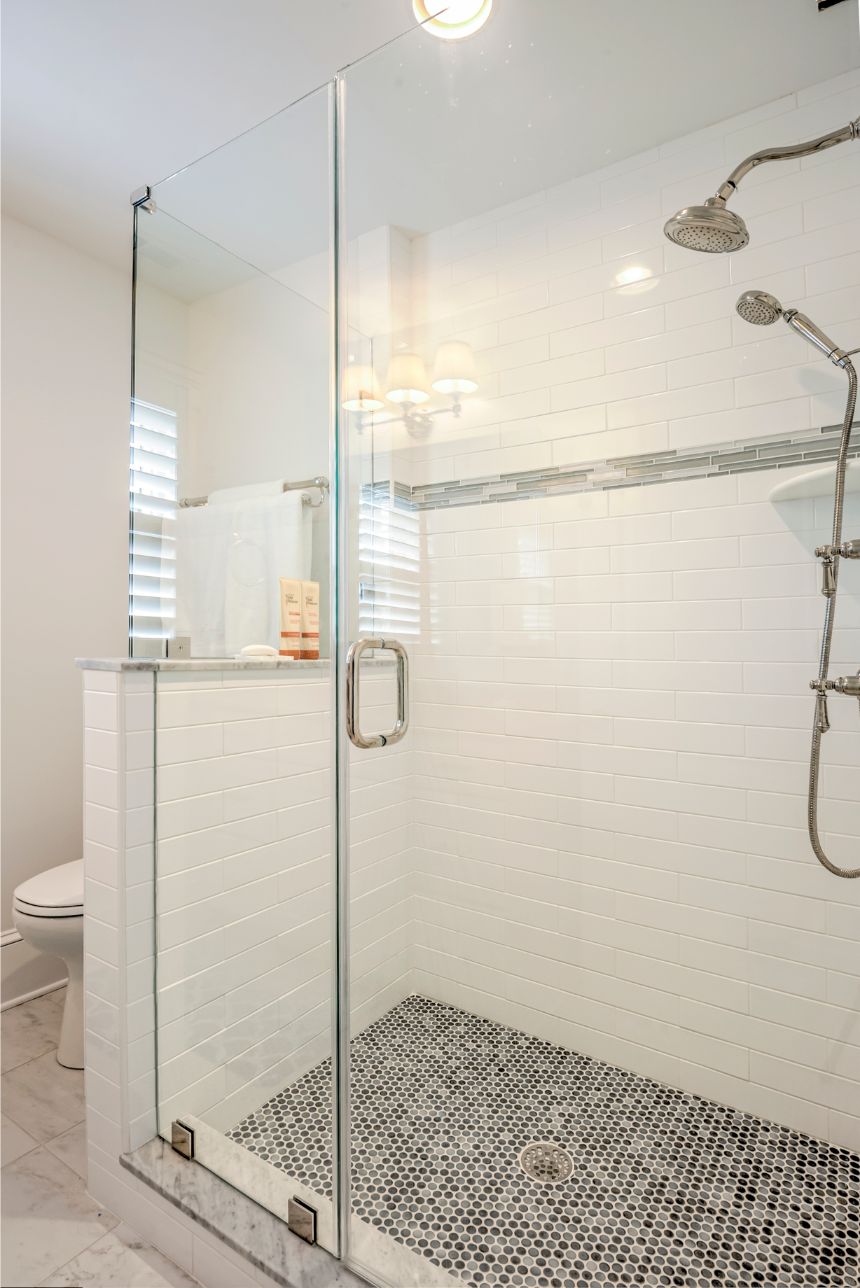 Guest Bathroom with Mosaic Tiles on Shower Floor and White Subway Wall Tiles