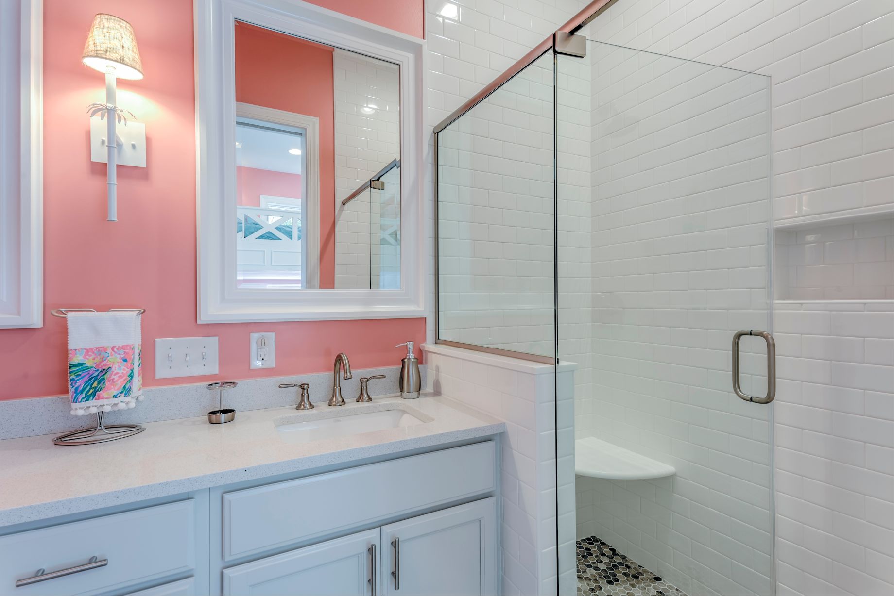 Addition in Juniper Court, Ocean Pines MD - Bathroom with Coral Wall Paint and Square Mirror with White Frame