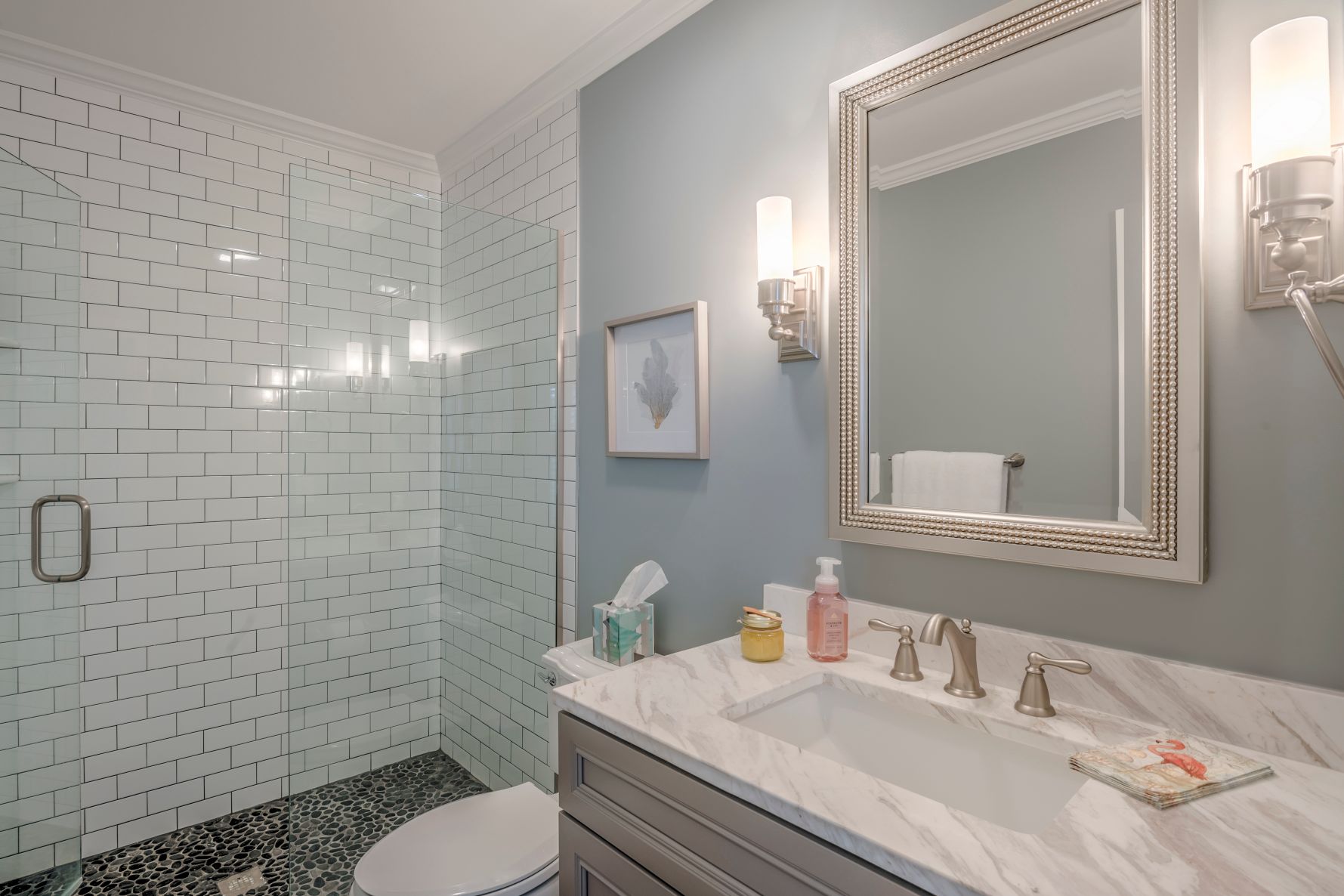 Bathroom Remodel in Kings Grant, Fenwick Island DE with Pure White Caesar Stone Granite Top