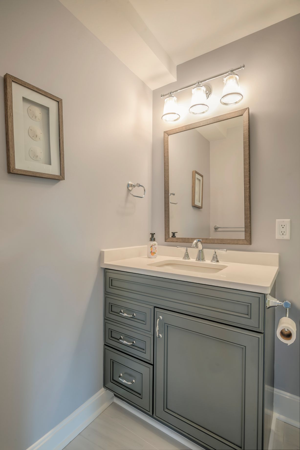 Bathroom Remodel in Kings Grant, Fenwick Island DE with Greyloft Maple Vanities and Square Mirror