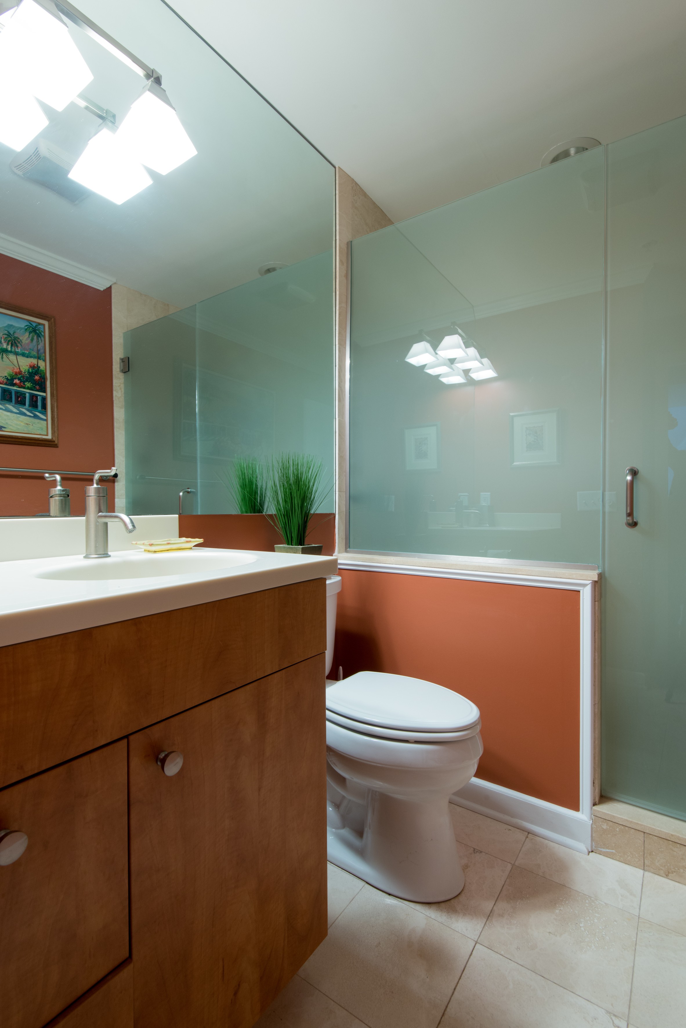 Bathroom Remodel in Kings Grant, Fenwick Island DE with Wood Vanity, White Top, Matte Glass Shower Door and Full Length Mirror