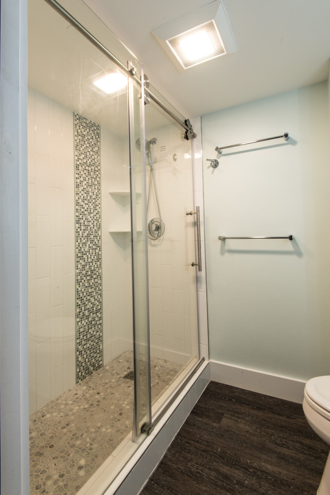 Sea Colony Condo Renovation Vol.2 Bethany Beach, DE Bathroom with Mosaic Shower Floor and Sliding Frameless Glass Shower Door