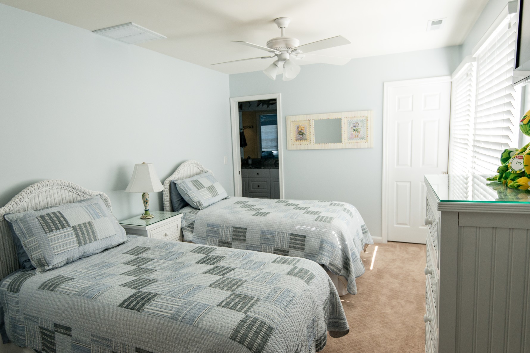 Willow Oak New Addition in Bear Trap Dunes, Ocean View DE Two Beds Guest Bedroom with Carpet and Sea Foam Painted Walls